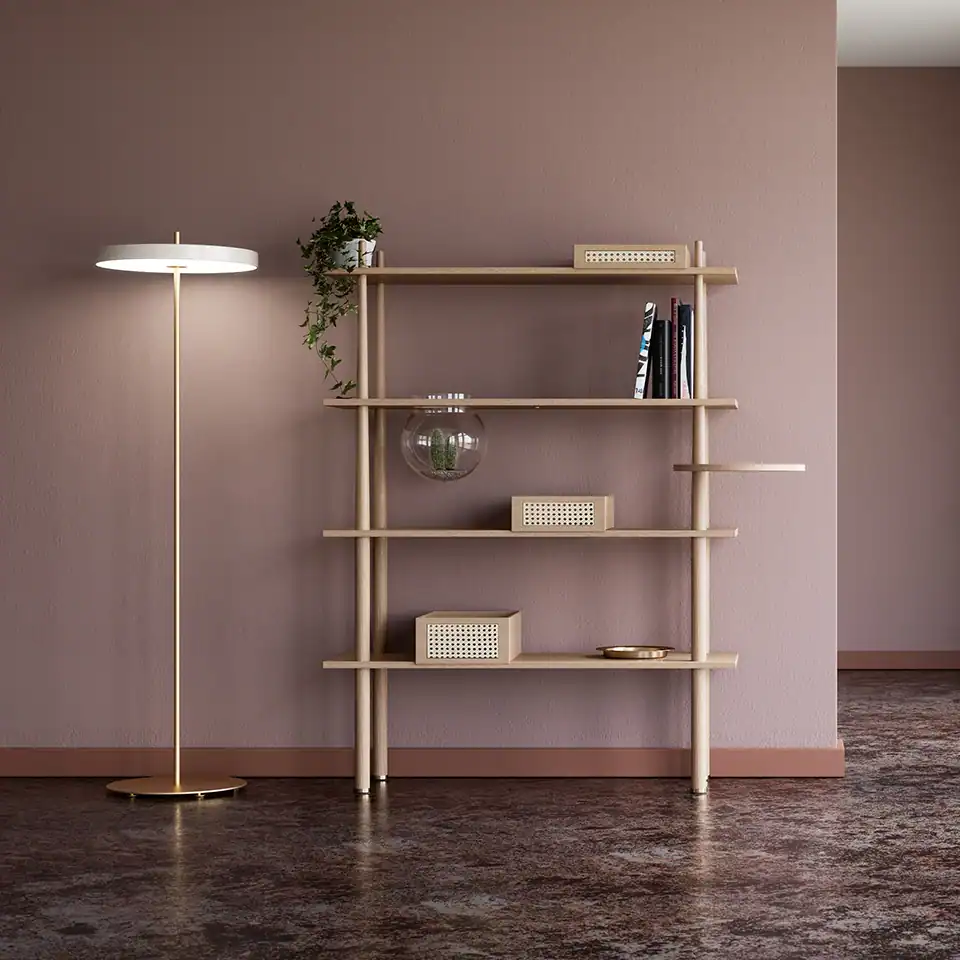 Modernes Regal mit Dekorationsobjekten in Wohnzimmer, stilvoll und minimalistisch.