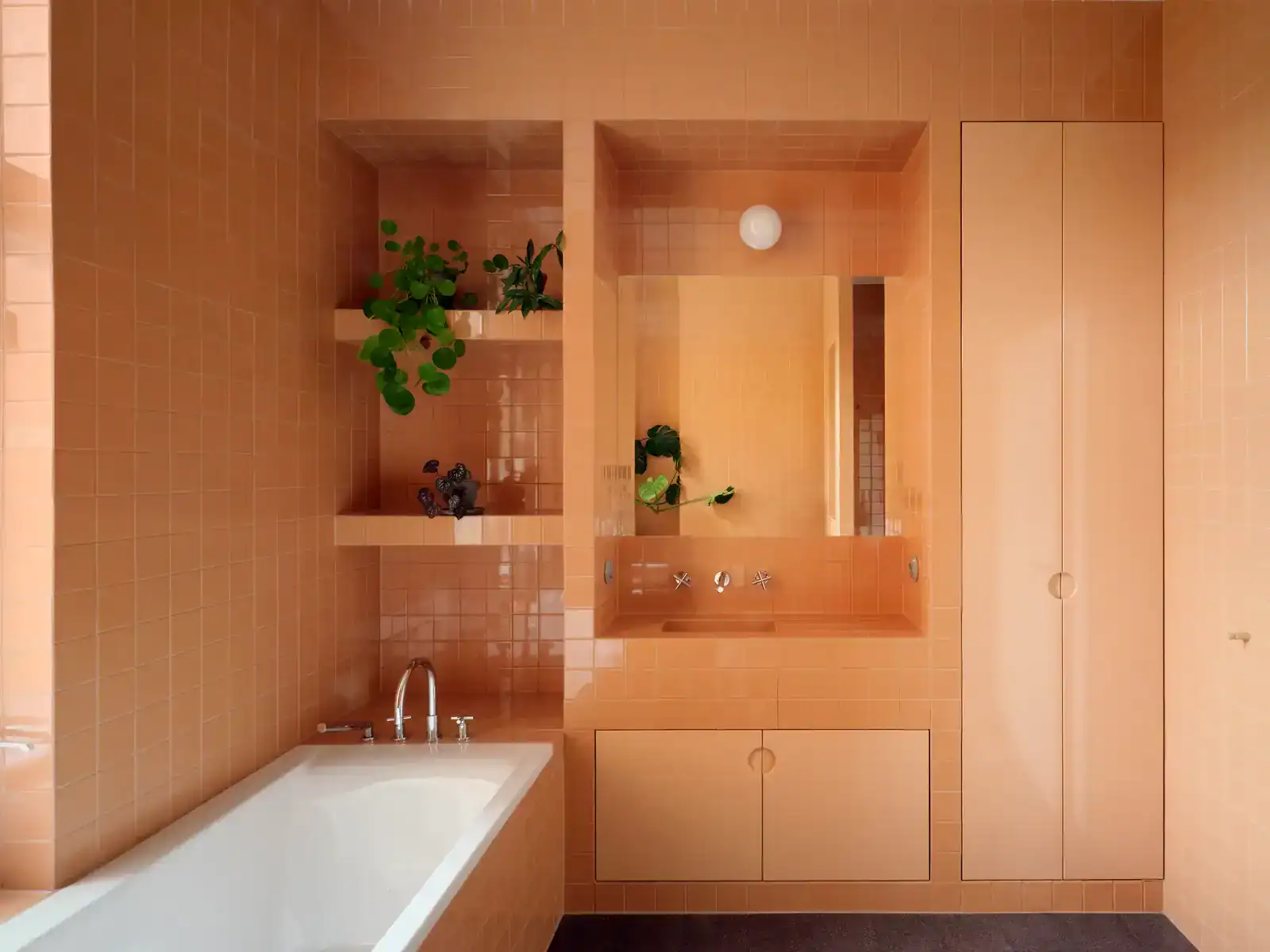 Modernes Badezimmer mit Holzregalen und Badewanne.