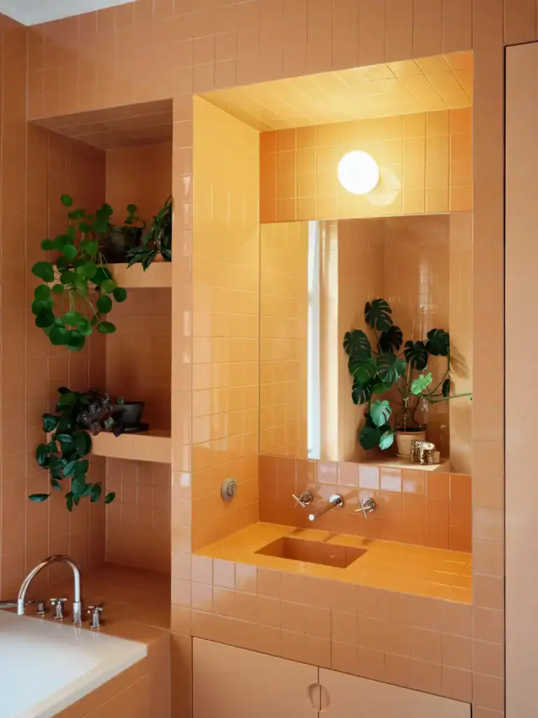 Modernes Badezimmer mit Pflanzen und warmen Fliesen, Projekt "projekte".